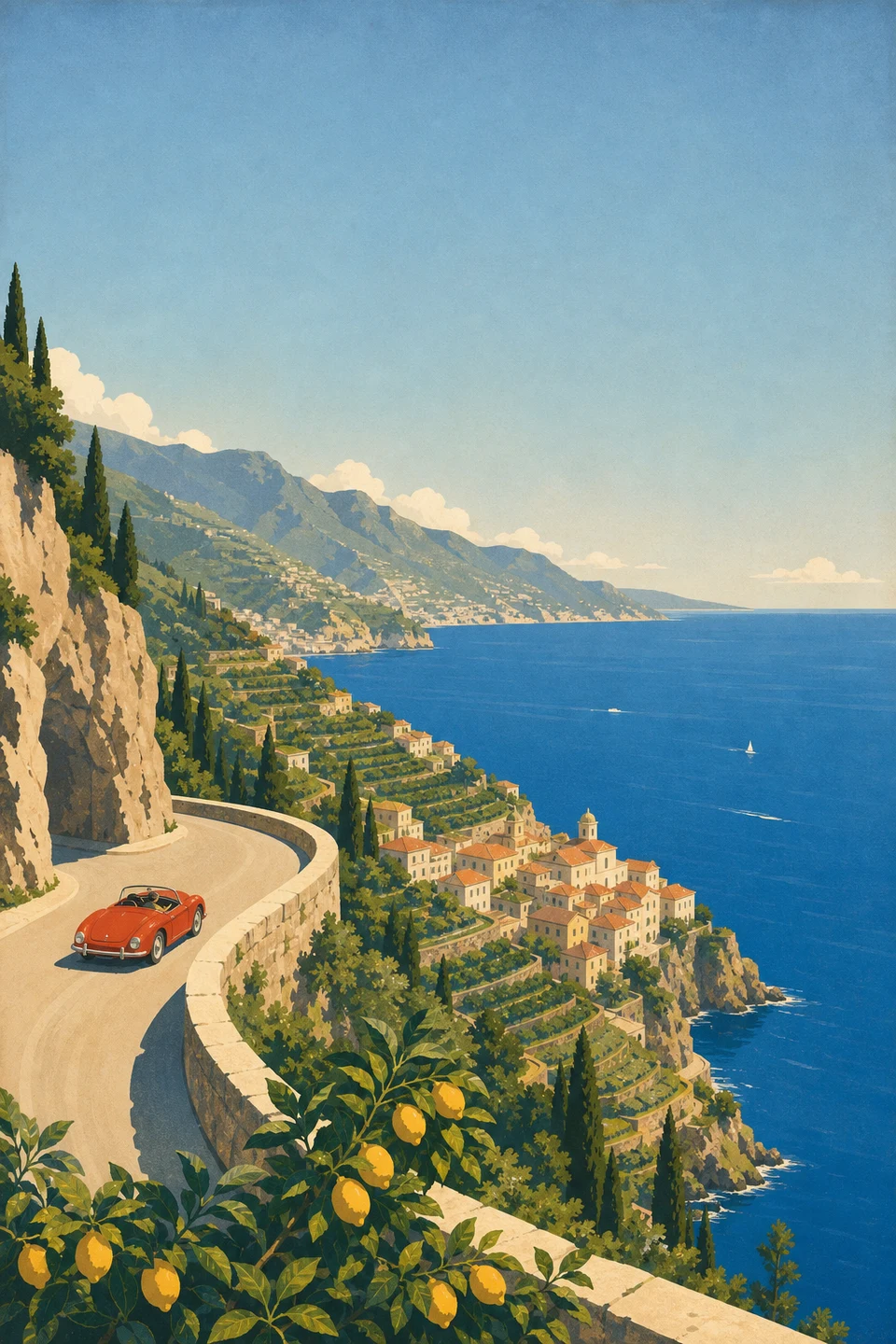 Graphic summer view of the Amalfi coast above a blue sea