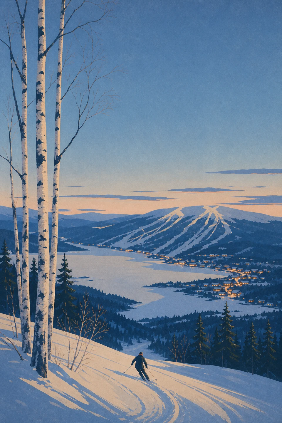 Graphic winter landscape of Åre under a Nordic twilight