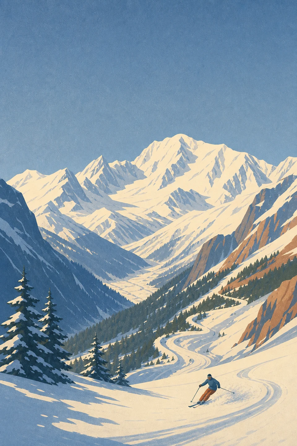 Graphic winter landscape of Chamonix beneath Mont Blanc