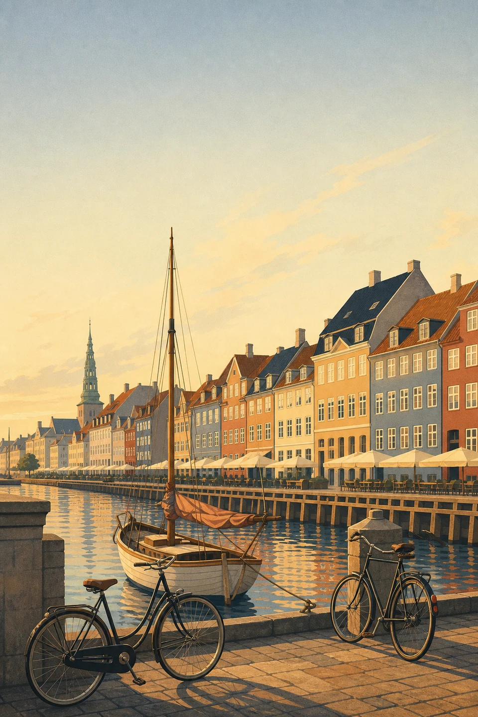 Graphic summer harbor scene in Copenhagen with bicycles and boats