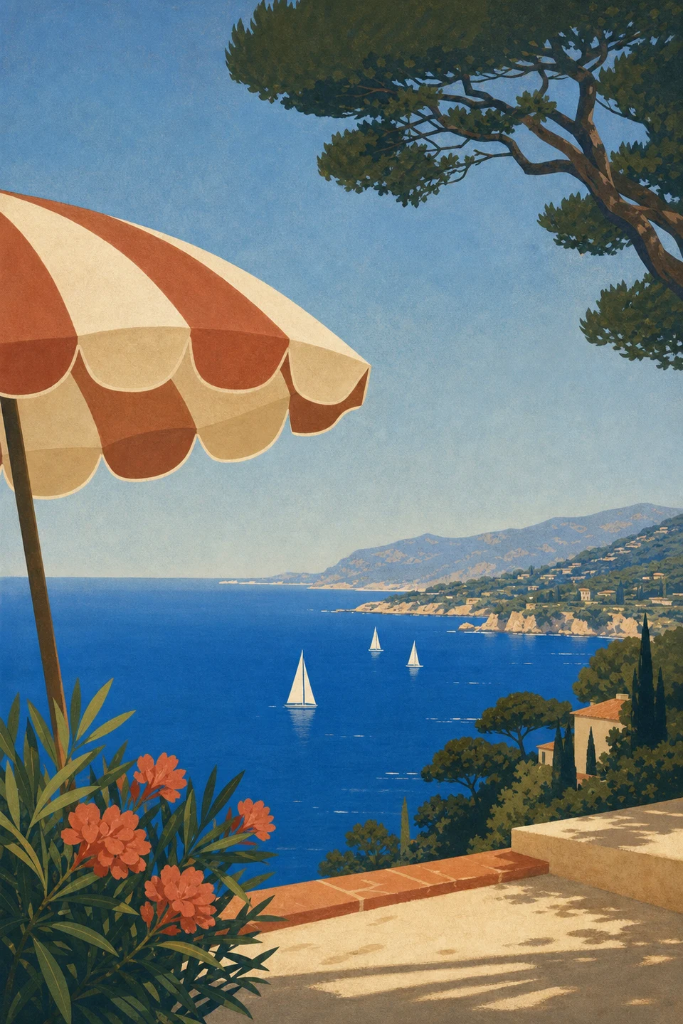 Graphic summer view of the Côte d’Azur from a shaded terrace