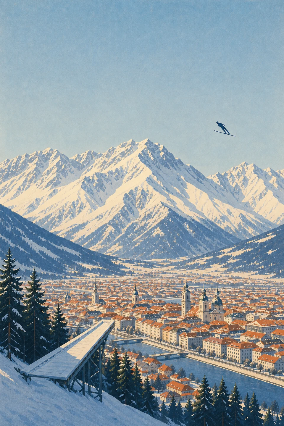 Graphic winter landscape of Innsbruck in the Austrian Alps