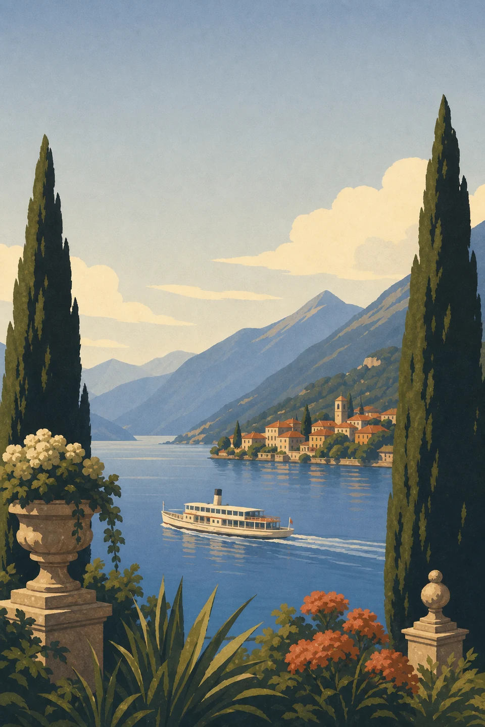 Graphic summer view across Lake Como toward the mountains