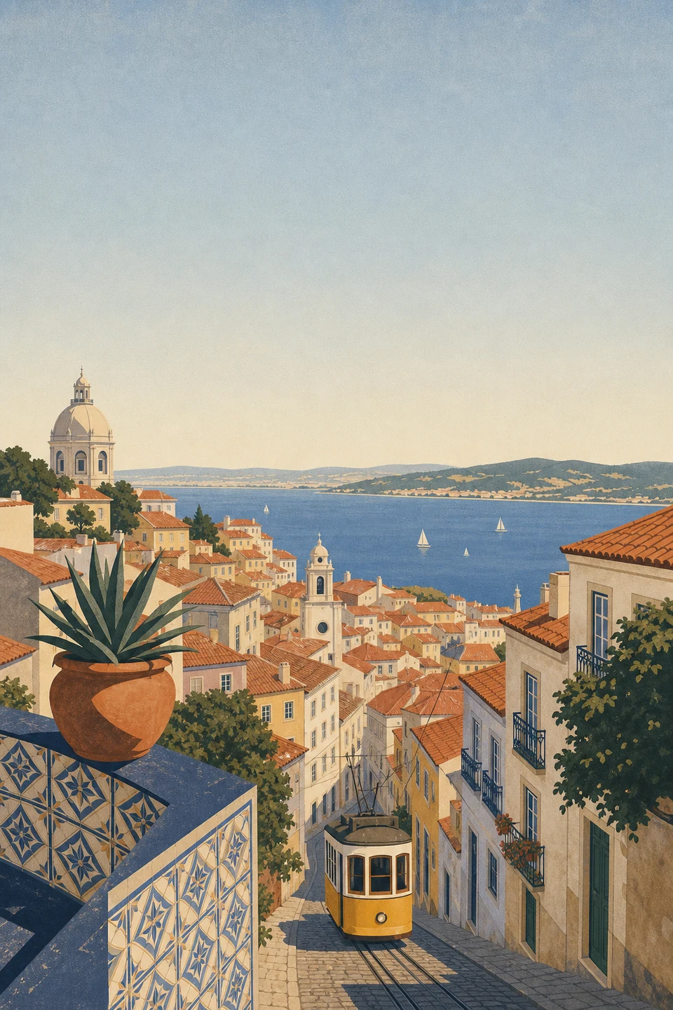 Graphic summer view across Lisbon rooftops toward the Tagus