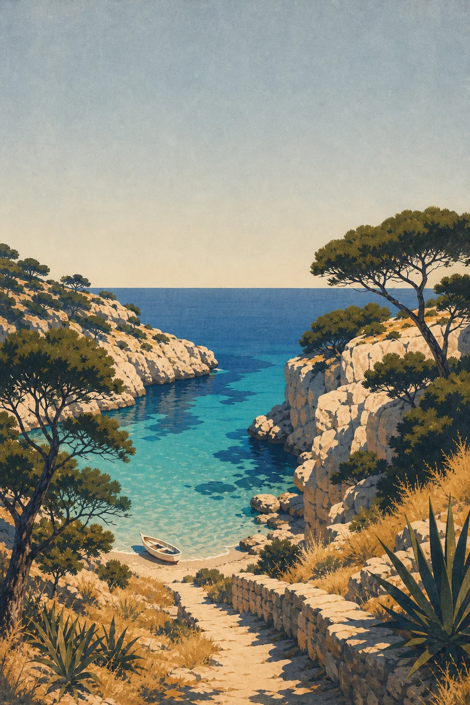 Graphic summer cove in Mallorca with limestone cliffs