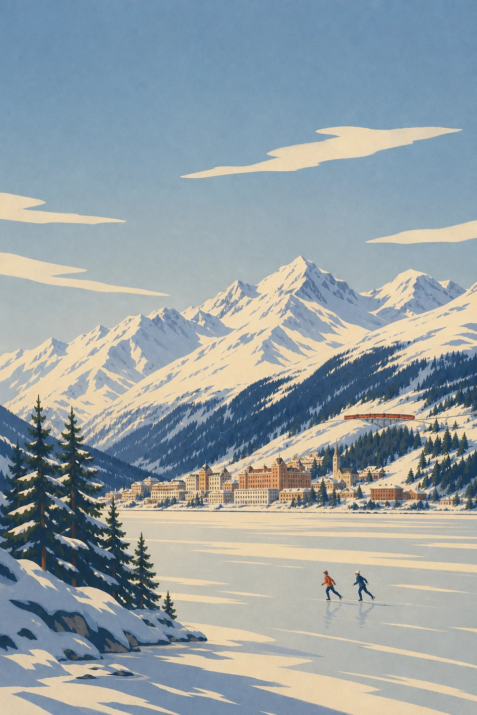Graphic winter landscape of St. Moritz and the Engadin mountains