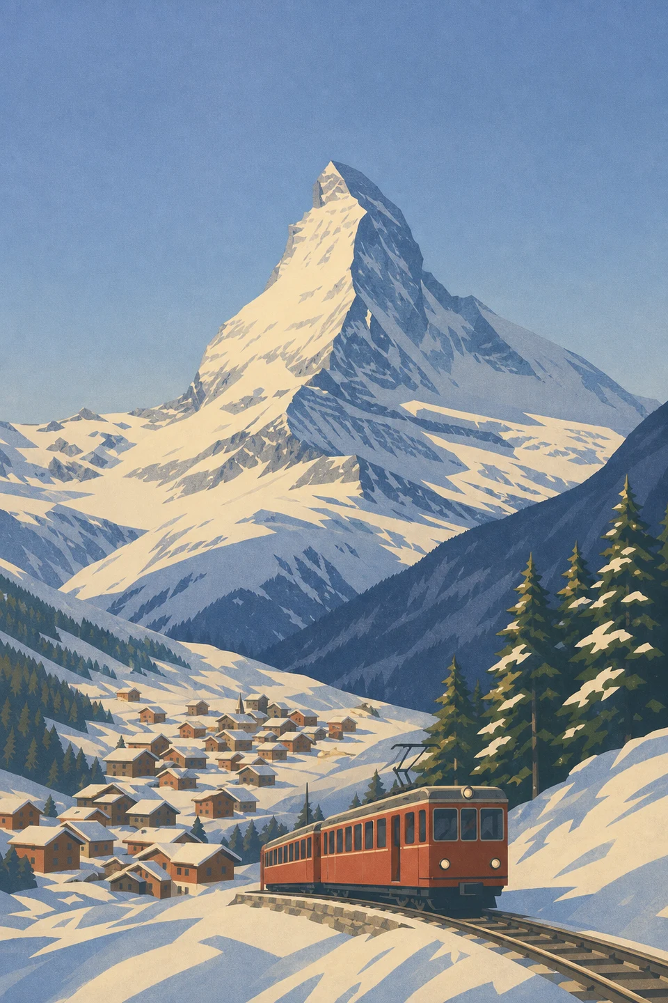 Graphic winter landscape of Zermatt and the Matterhorn